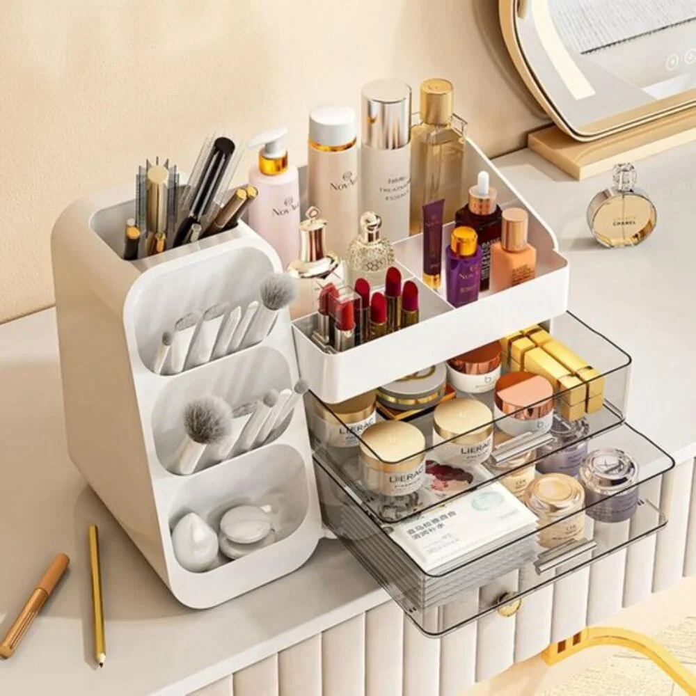 White Makeup Organizer with Drawers for Vanity, Skincare, Brushes & Lipsticks
